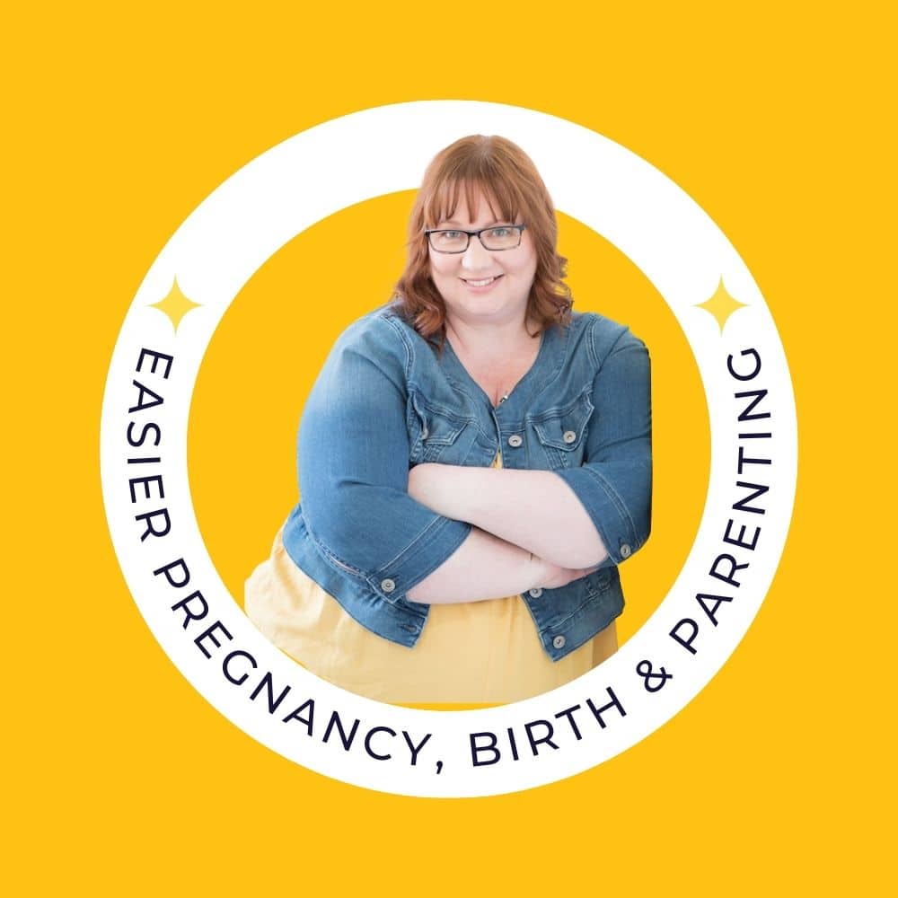 Woman with read hair and glasses wears a denim jacket and has her arms folded in front of her against a background of yellow and a ring of white surrounding her in which are the words in black, "Easier pregnancy, birth and parenting."